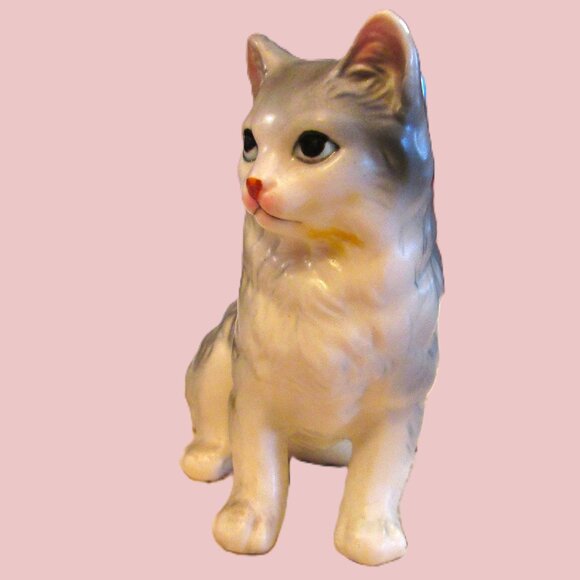 ESD Porcelain grey blue eyed sculpture long haired cat figure Japan hand pa - Picture 3 of 6